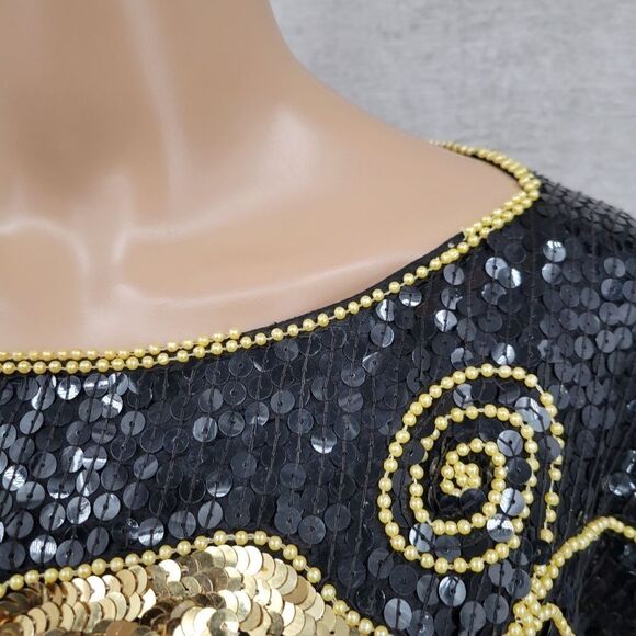 Jean for Joseph Le Bon Vintage Silk Sequin Blouse Black Red Gold Floral Evening - Picture 3 of 13